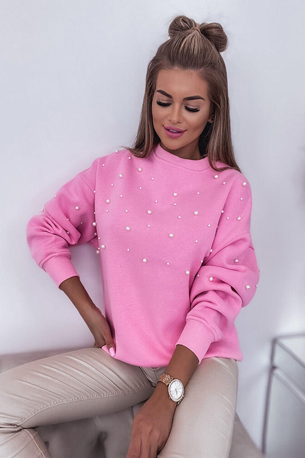 Pirouette Pearl Detail Ribbed Round Neck Sweatshirt Sweatshirts & Hoodies JT's Designer Fashion