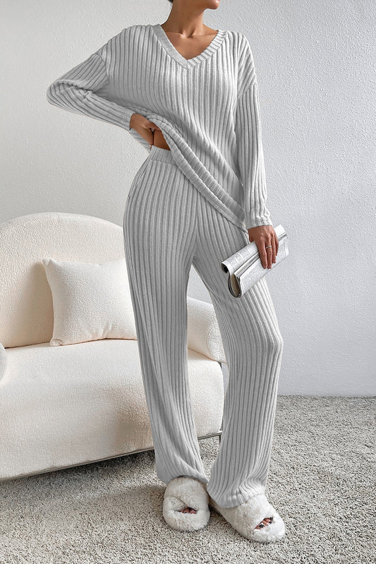 Light Grey Ribbed Knit V Neck Slouchy Two-piece Outfit Bottoms JT's Designer Fashion