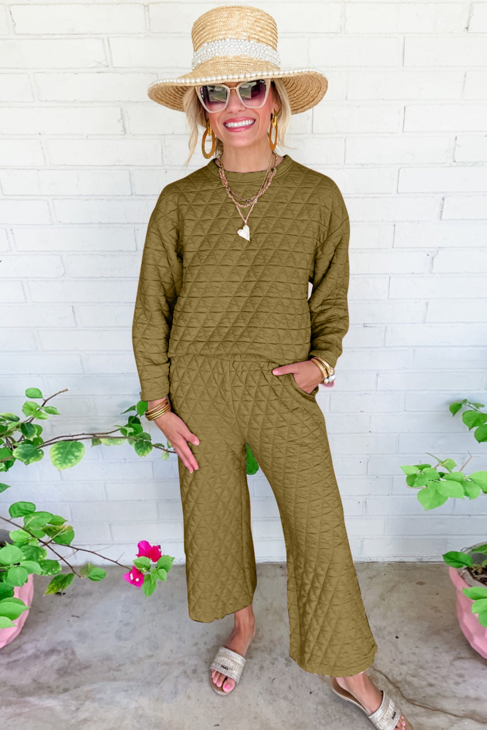 sage Green Solid Quilted Long Sleeve Top Pants Outfit Bottoms JT's Designer Fashion