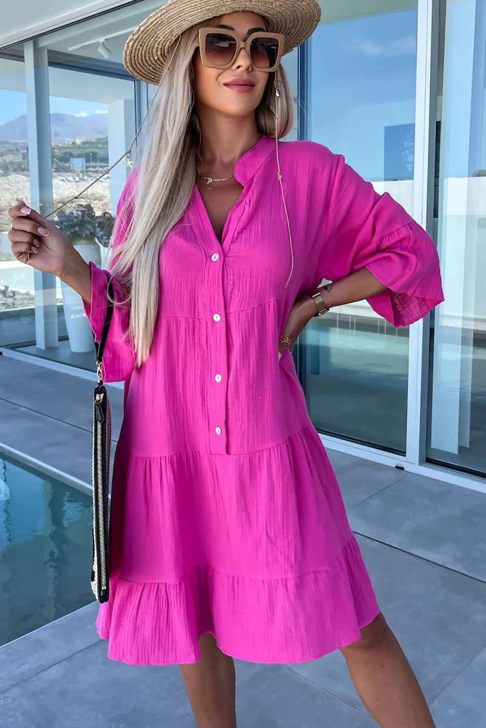 Barbie Style Rose Crinkled Tiered Split Neck Shirt Dress Dresses JT's Designer Fashion