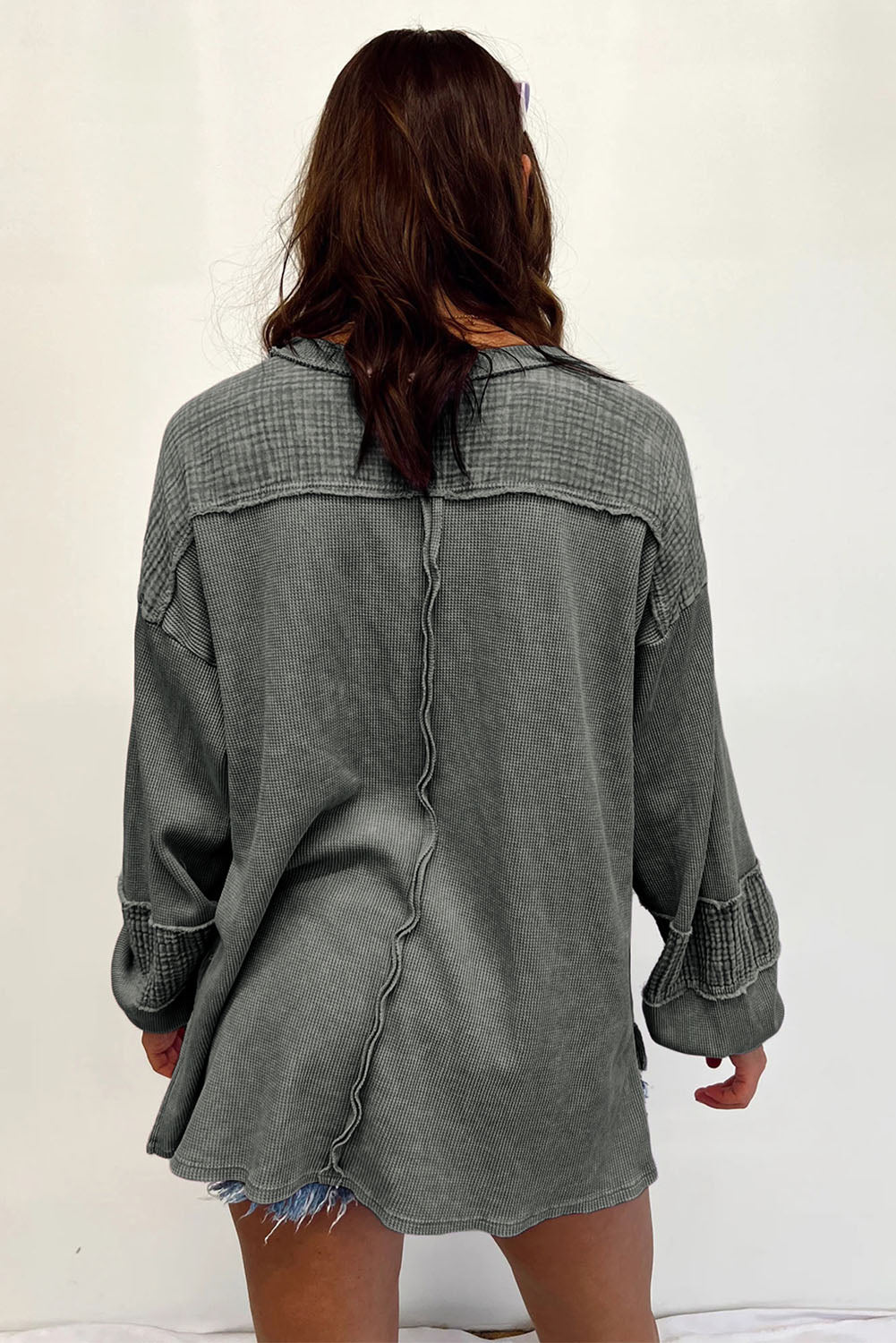 Dark Grey Pink Distressed Crinkle Patchwork Plus Size Top Plus Size JT's Designer Fashion