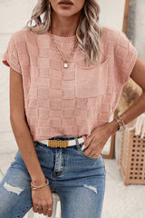 Dusty Pink Lattice Textured Knit Short Sleeve Baggy Sweater Sweaters & Cardigans JT's Designer Fashion