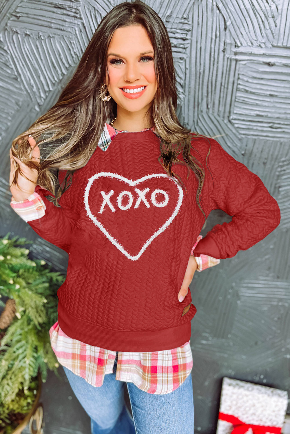 Racing Red Valentines Heart XOXO Graphic Textured Sweatshirt Sweatshirts & Hoodies JT's Designer Fashion