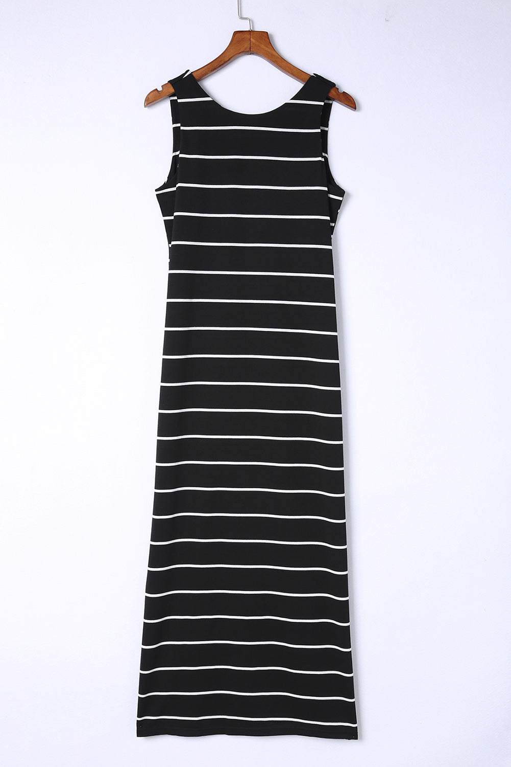 Black Stripe Print Open Back Sleeveless Long Dress with Slits Maxi Dresses JT's Designer Fashion