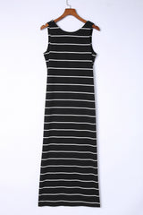 Black Stripe Print Open Back Sleeveless Long Dress with Slits Maxi Dresses JT's Designer Fashion