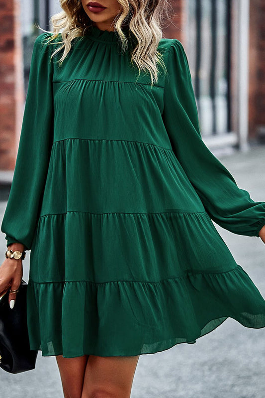 Green Puff Sleeve Mock Neck Back Knot Tiered Dress Mini Dresses JT's Designer Fashion