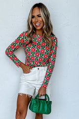 Red Retro Floral Mesh Long Sleeve Top Bottoms JT's Designer Fashion