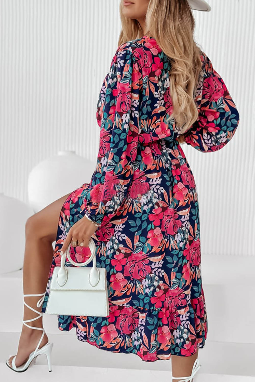 Red V Neck Elastic High Waist Split Floral Dress Dresses JT's Designer Fashion