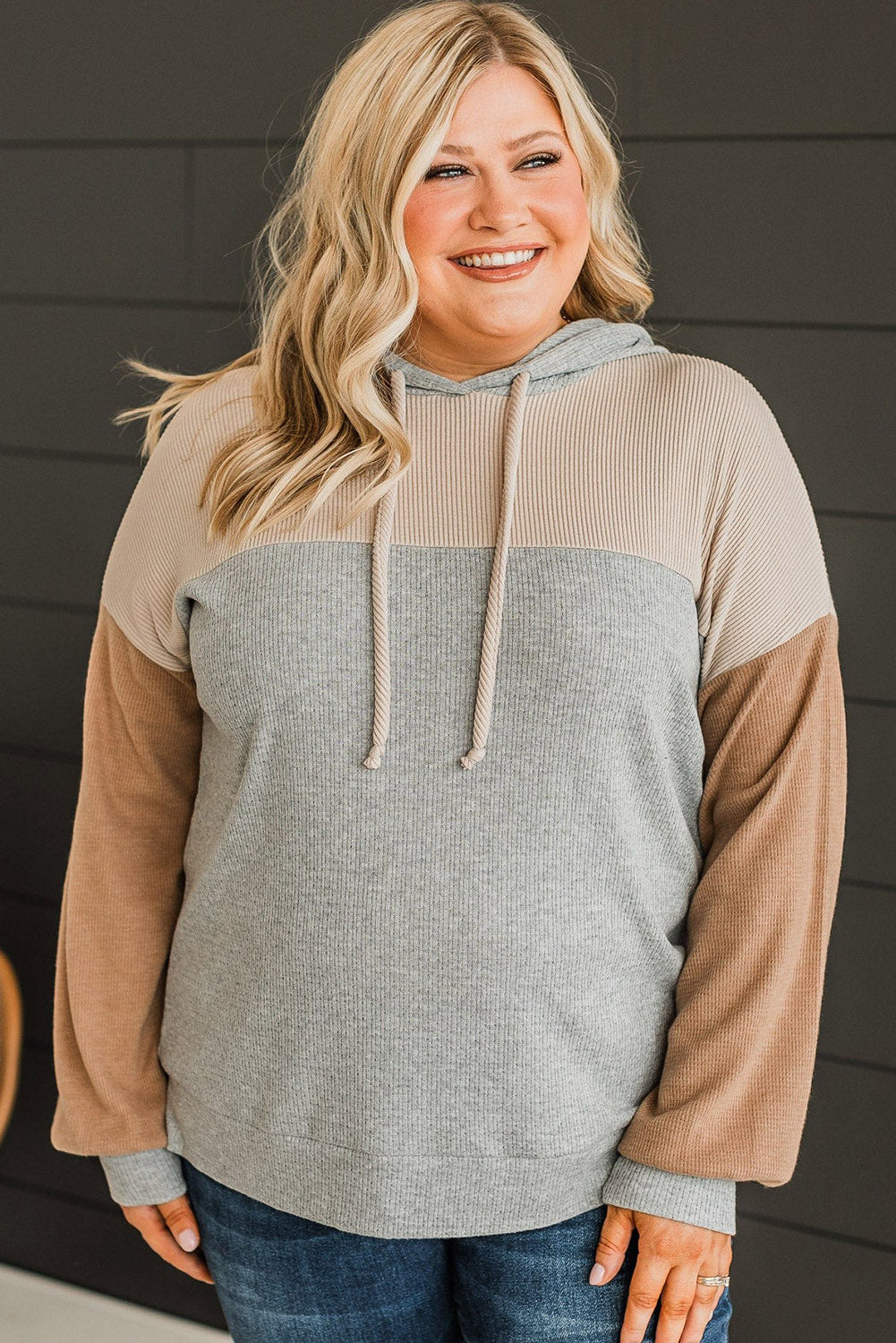 Multicolour Plus Size Colorblock Drop Shoulder Balloon Sleeve Hoodie Plus Size JT's Designer Fashion