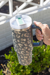 Gray Leopard Print 40OZ Stainless Steel Portable Cup with Handle Tumblers JT's Designer Fashion