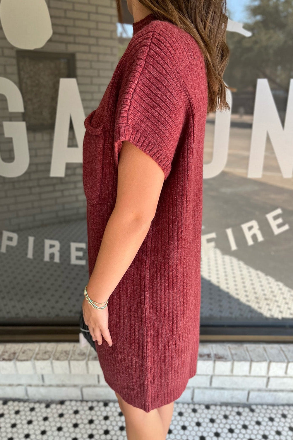 Ruby Patch Pocket Ribbed Knit Short Sleeve Sweater Dress Dresses JT's Designer Fashion