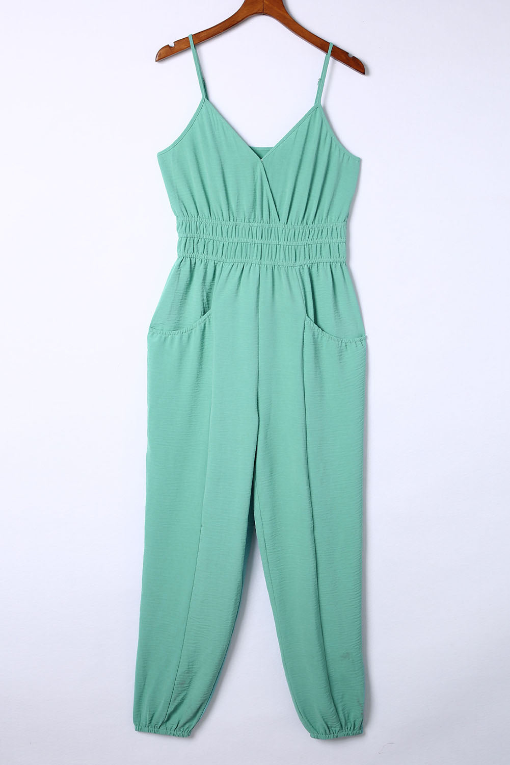 Green Shirred High Waist Sleeveless V Neck Jumpsuit Jumpsuits & Rompers JT's Designer Fashion