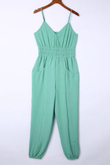 Green Shirred High Waist Sleeveless V Neck Jumpsuit Jumpsuits & Rompers JT's Designer Fashion