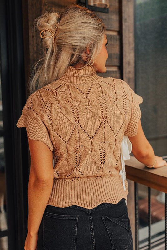 Flaxen Hollowed Knit Scalloped Trim High Neck Sweater Sweaters & Cardigans JT's Designer Fashion