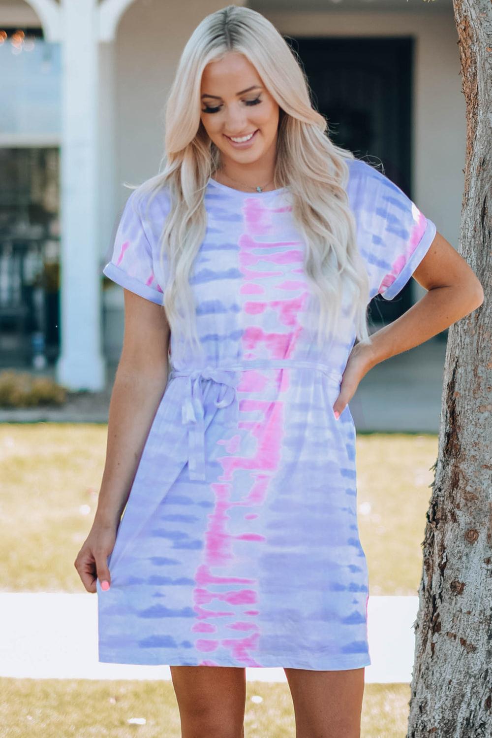 Women Tie-Dye Belted T-Shirt Dress Mini Dresses JT's Designer Fashion