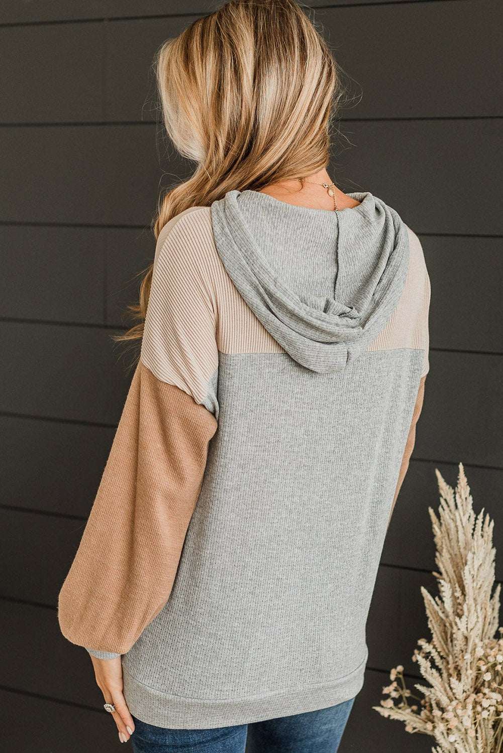 Multicolour Plus Size Colorblock Drop Shoulder Balloon Sleeve Hoodie Plus Size JT's Designer Fashion