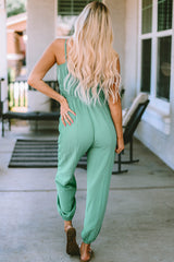 Green Shirred High Waist Sleeveless V Neck Jumpsuit Jumpsuits & Rompers JT's Designer Fashion