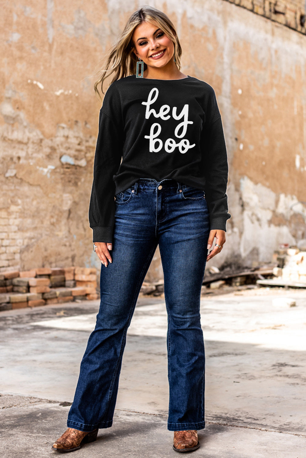 Black Hey Boo Letter Print Long Sleeve Pullover Sweatshirt Graphic Sweatshirts JT's Designer Fashion