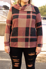 Mineral Red Plus Size Plaid Button Decor Neck Sweater Plus Size JT's Designer Fashion