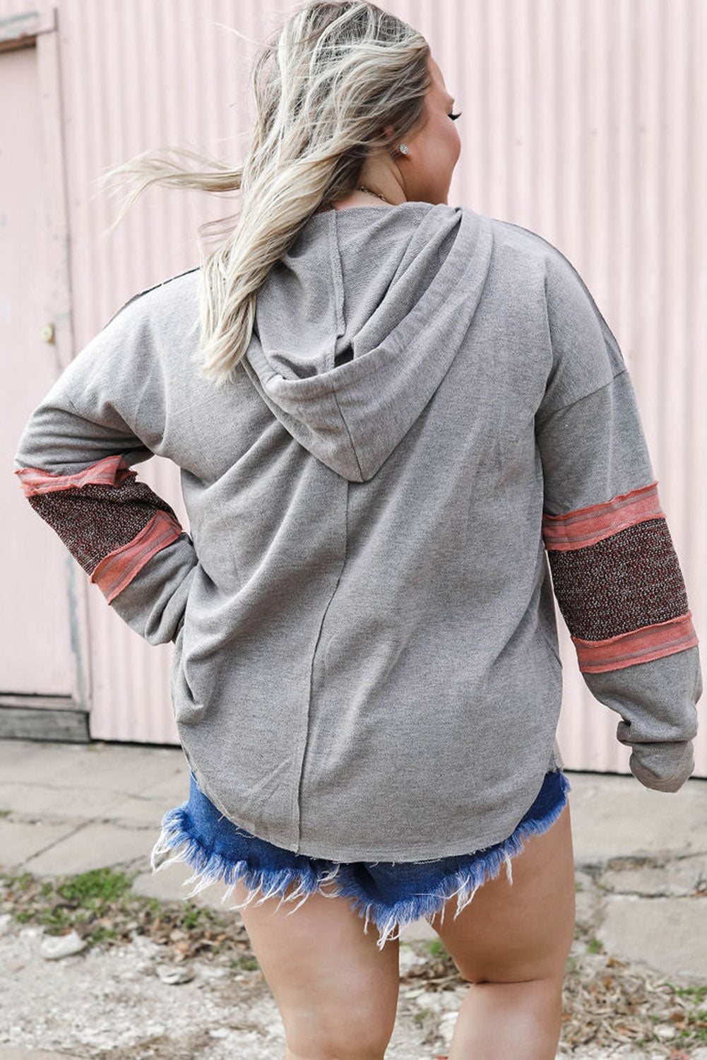 Gray Contrast Patched Sleeve Plus Size Hoodie Plus Size JT's Designer Fashion