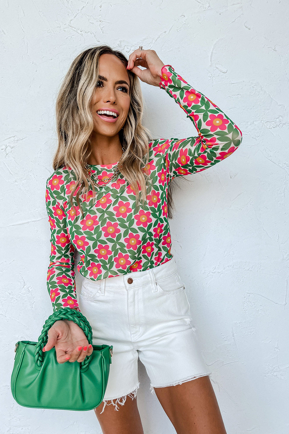 Red Retro Floral Mesh Long Sleeve Top Bottoms JT's Designer Fashion