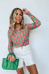 Red Retro Floral Mesh Long Sleeve Top Bottoms JT's Designer Fashion