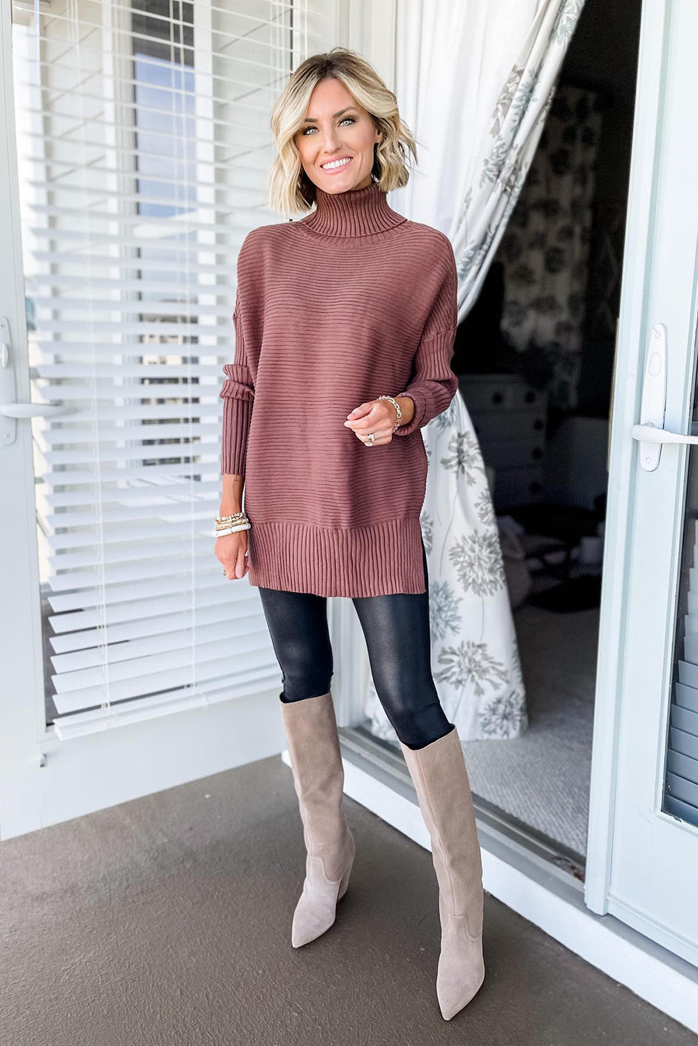 Mineral Red Turtleneck Ribbed Knit Tunic Sweater Sweaters & Cardigans JT's Designer Fashion