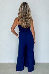 Navy Blue Spaghetti Straps Smocked Ruffled Wide Leg Jumpsuit Bottoms JT's Designer Fashion