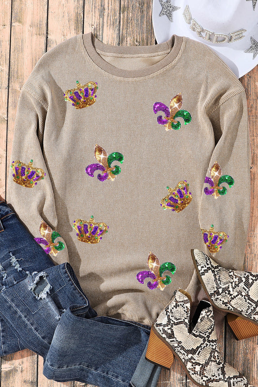 Khaki Mardi Gras Sequin Crown Fleur De Lis Corded Sweatshirt Graphic Sweatshirts JT's Designer Fashion