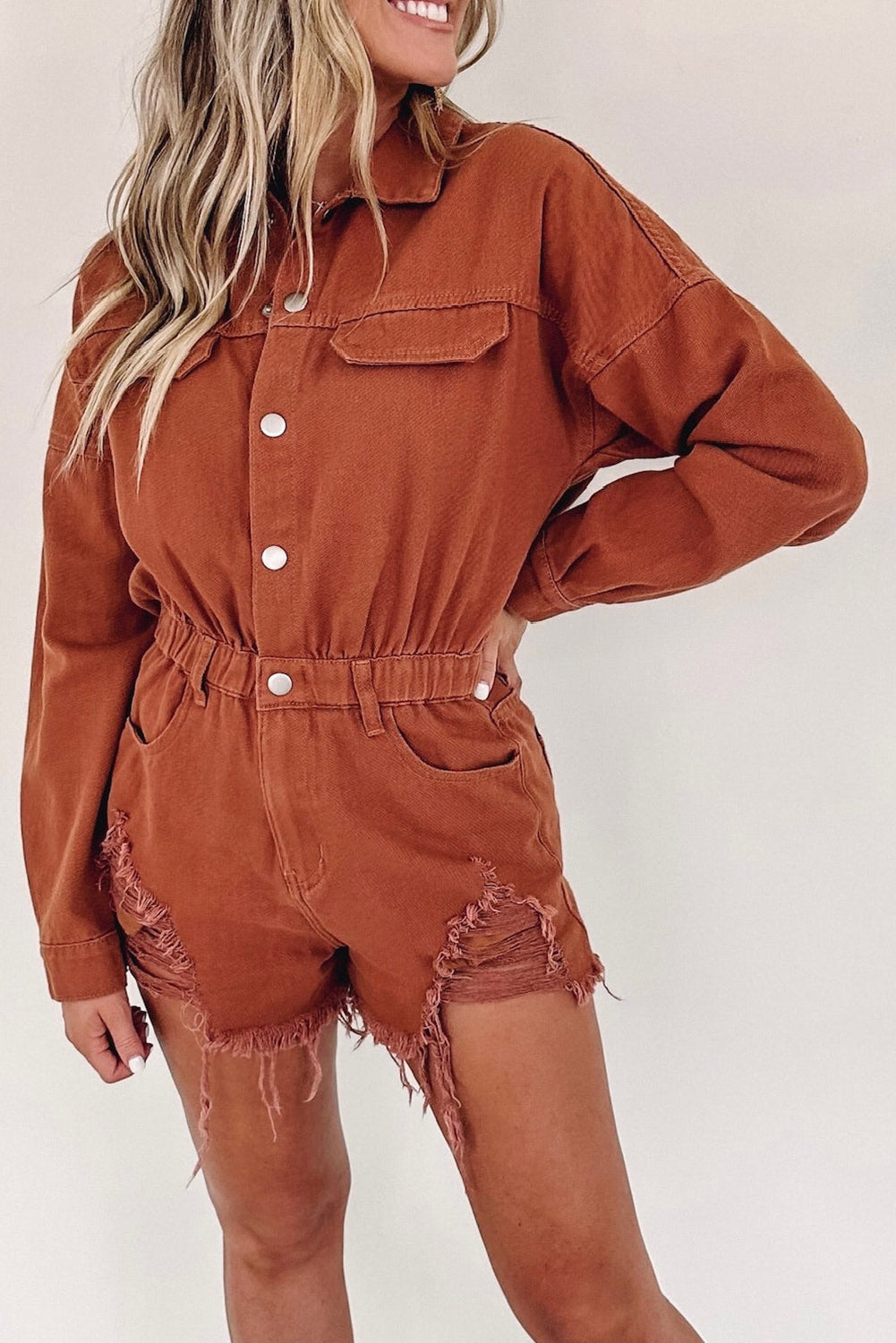 Gold Flame Snap Button Long Sleeve Ripped Romper Bottoms JT's Designer Fashion