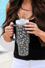 Gray Leopard Print 40OZ Stainless Steel Portable Cup with Handle Tumblers JT's Designer Fashion
