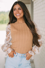 Sheepskin Floral Patchwork Ruffled Cuff Cable Knit Sweater Sweaters & Cardigans JT's Designer Fashion