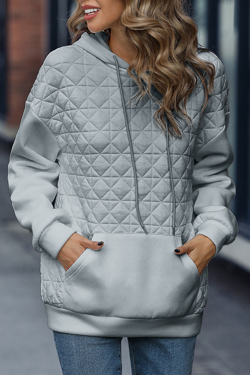 Light Grey Drop Shoulder Kangaroo Pocket Patchwork Quilted Hoodie Sweatshirts & Hoodies JT's Designer Fashion