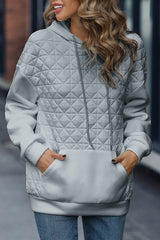 Light Grey Drop Shoulder Kangaroo Pocket Patchwork Quilted Hoodie Sweatshirts & Hoodies JT's Designer Fashion