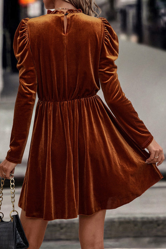 Chestnut Velvet Frilled Neck Gigot Sleeve Swing Dress Dresses JT's Designer Fashion