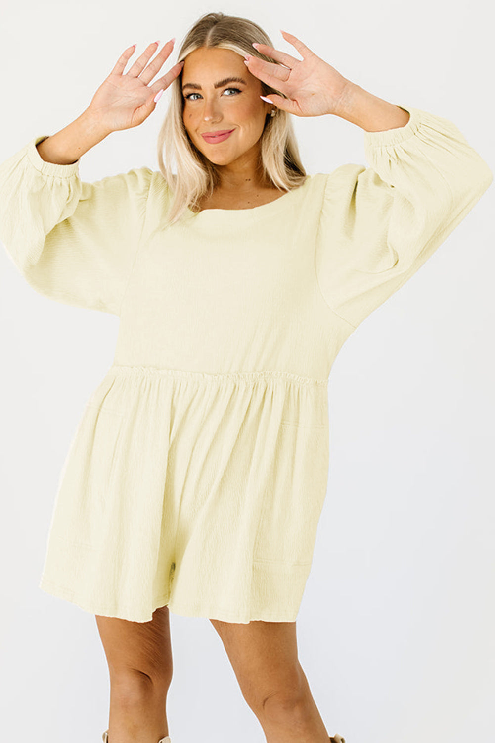 Apricot Solid Color High Waist Long Sleeve Romper Jumpsuits & Rompers JT's Designer Fashion