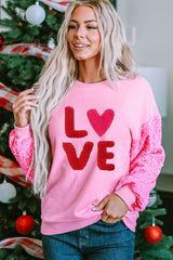 Pink Valentines LOVE Graphic Sequin Sleeve Top Pink 65%Polyester+35%Cotton Graphic Sweatshirts JT's Designer Fashion
