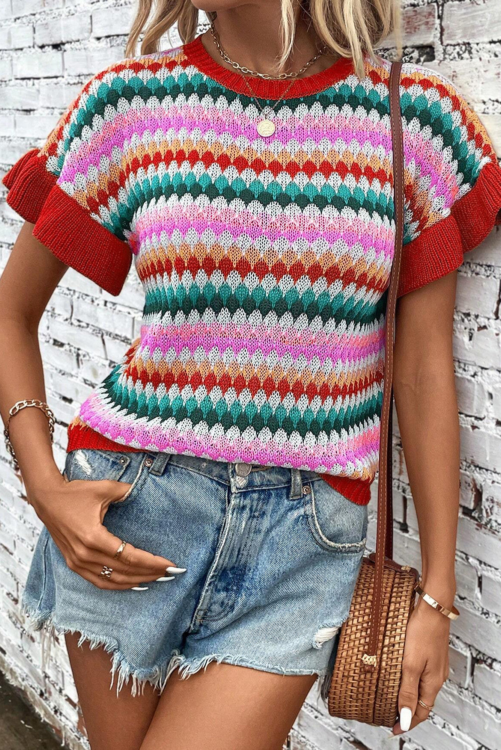 Fiery Red Trimmed Ruffle Sleeve Colorful Textured Sweater Sweaters & Cardigans JT's Designer Fashion