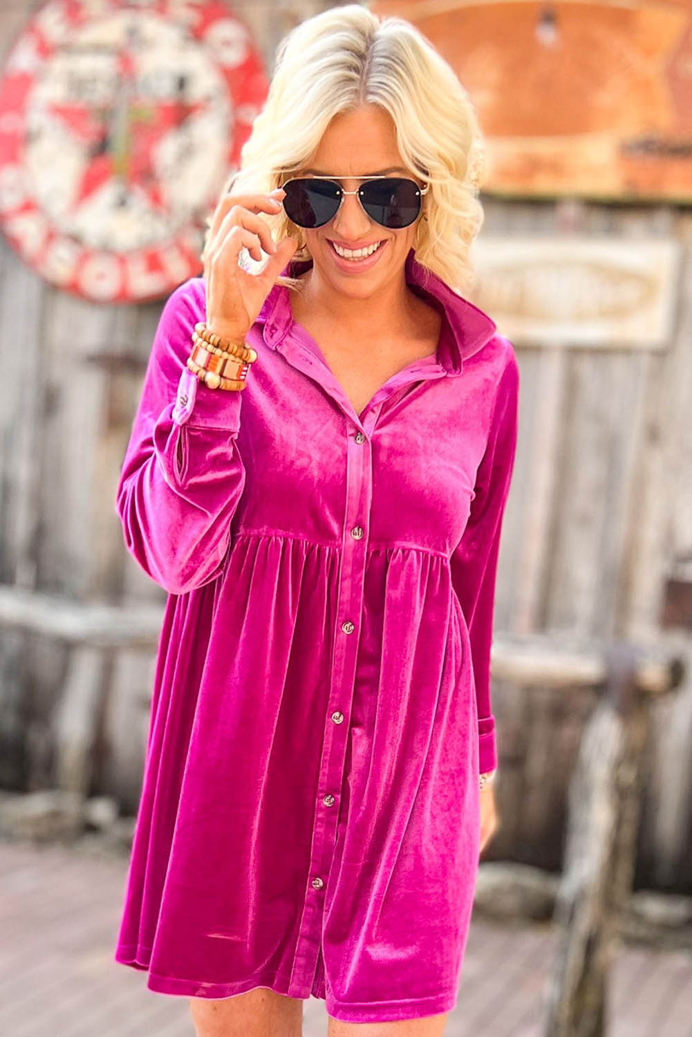 Rose Long Sleeve Ruffle Velvet Button Up Dress Dresses JT's Designer Fashion