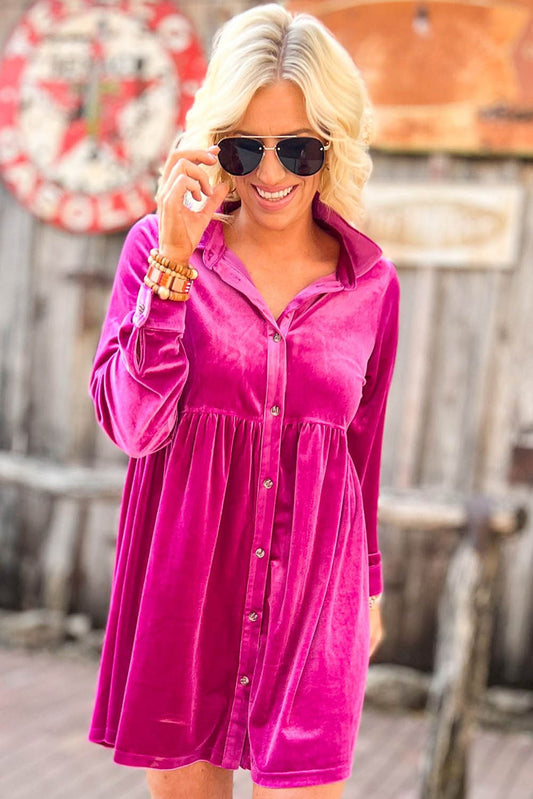 Rose Long Sleeve Ruffle Velvet Button Up Dress Dresses JT's Designer Fashion