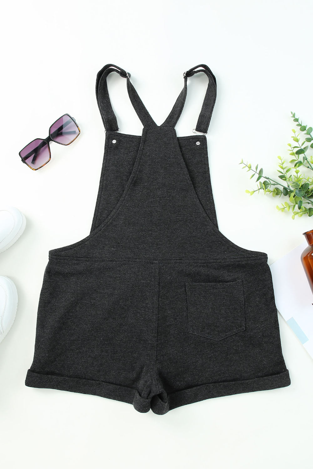 Gray Vintage Washed Drawstring Short Overalls Jumpsuits & Rompers JT's Designer Fashion