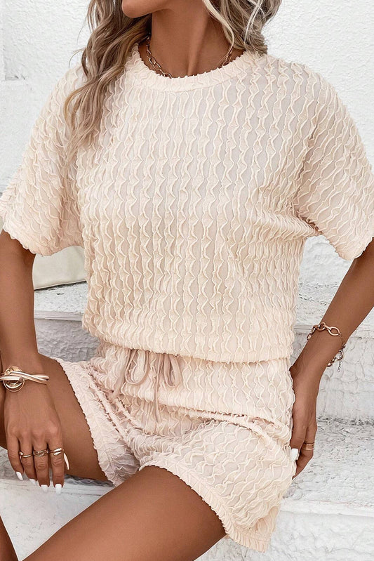 Beige Frill Textured Tee and Drawstring Shorts Bottoms JT's Designer Fashion
