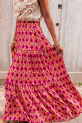 Rose Geometric Floral Print Tiered Maxi Skirt Bottoms JT's Designer Fashion
