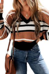 Brown Stripe Colorblock V Neck Textured Knit Sweater Sweaters & Cardigans JT's Designer Fashion