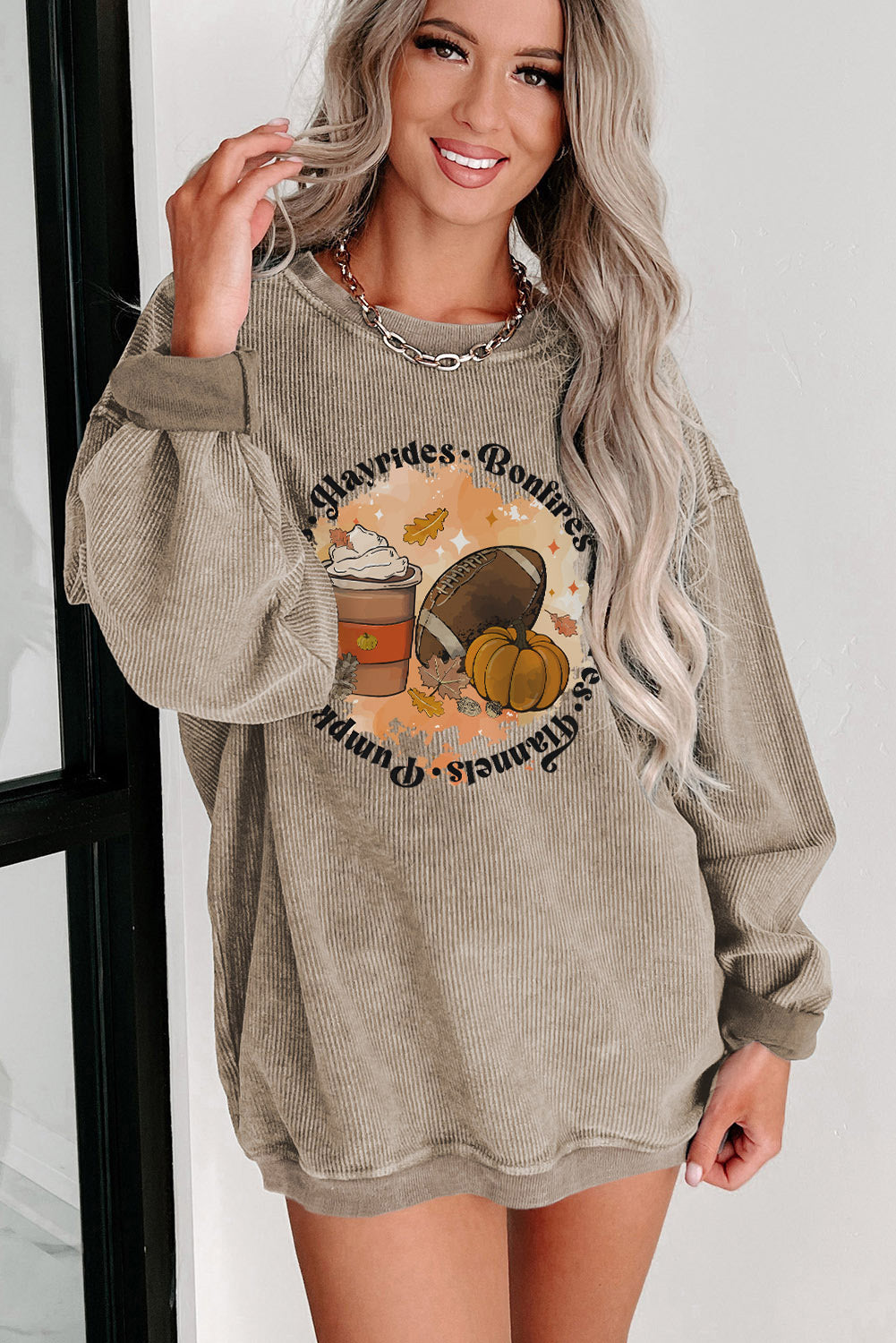 Khaki Oversized Autumn Vibe Graphic Corded Sweatshirt Graphic Sweatshirts JT's Designer Fashion