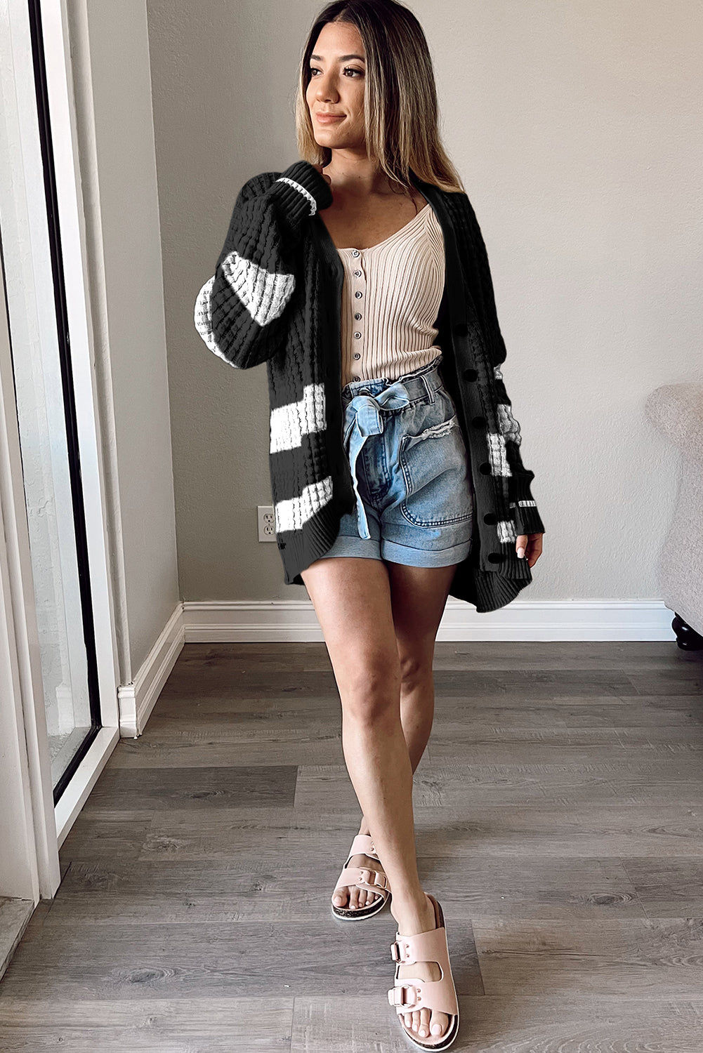 Black Colorblock Textured Knit Buttoned Cardigan Sweaters & Cardigans JT's Designer Fashion