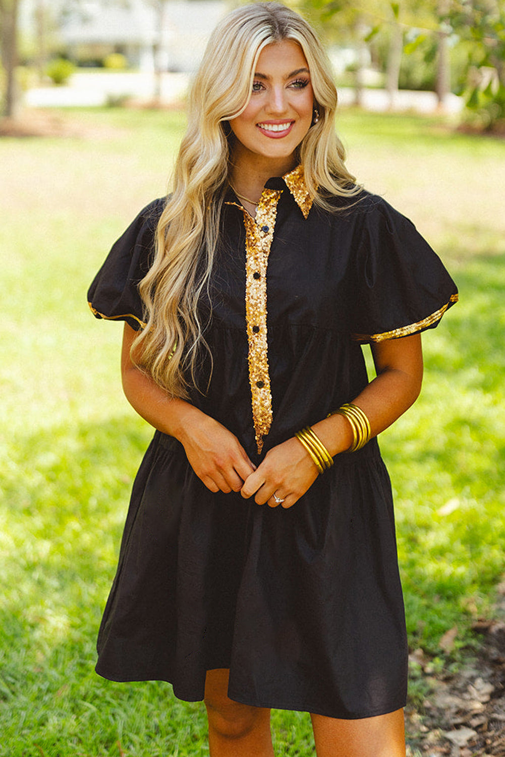 Black Sequin Trim Bubble Sleeve Game Day Shirt Dress Dresses JT's Designer Fashion