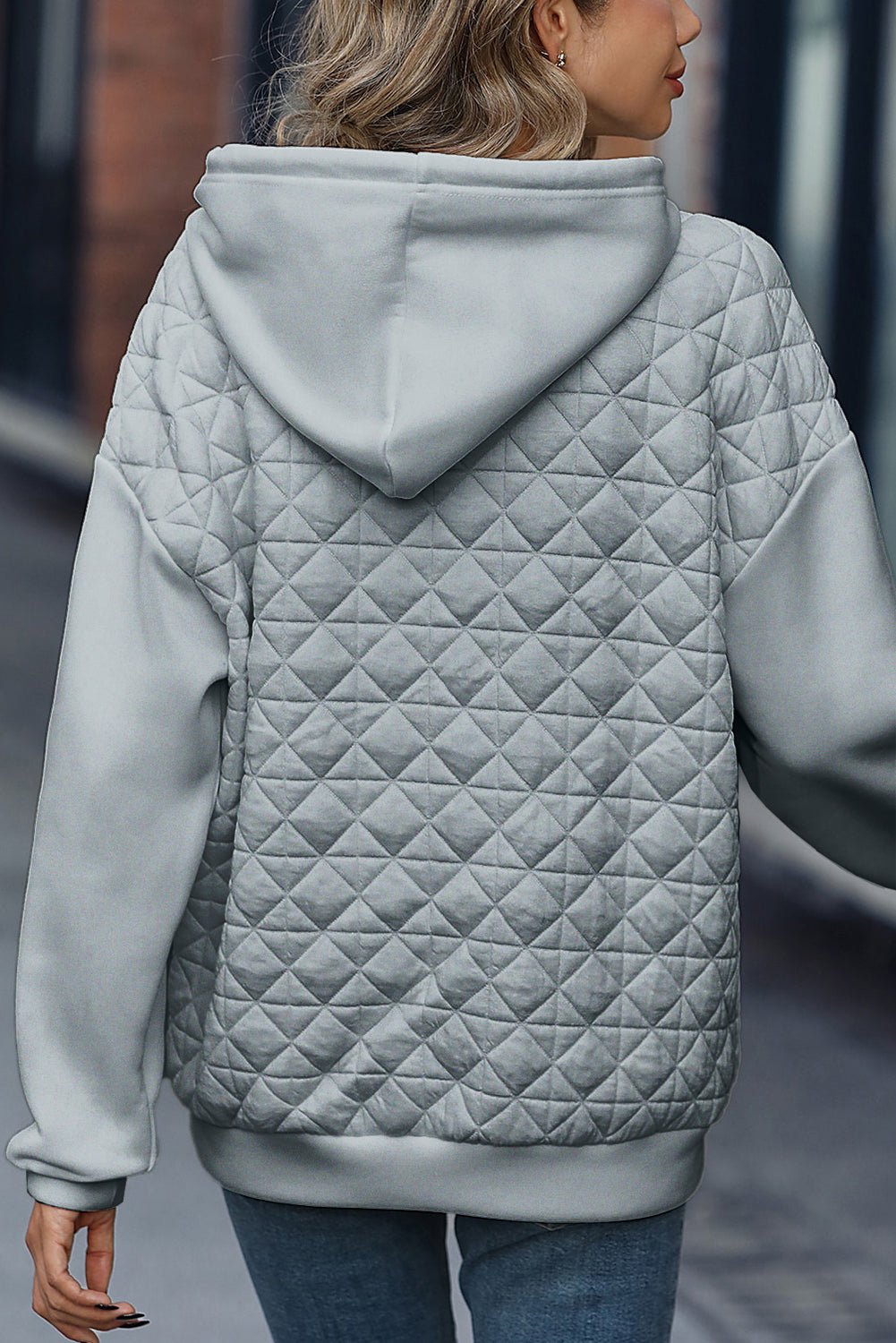 Light Grey Drop Shoulder Kangaroo Pocket Patchwork Quilted Hoodie Sweatshirts & Hoodies JT's Designer Fashion