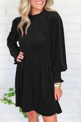 Black Frilled Neck Smocked Bodice Velvet Dress Dresses JT's Designer Fashion