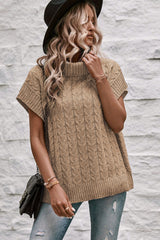 Light French Beige Turtleneck Short Batwing Sleeve Cable Knit Sweater Sweaters & Cardigans JT's Designer Fashion